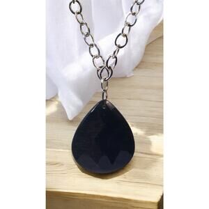 Black Faceted Teardrop Pendant Necklace Silver Tone 20” – Minimal Dark Elegant